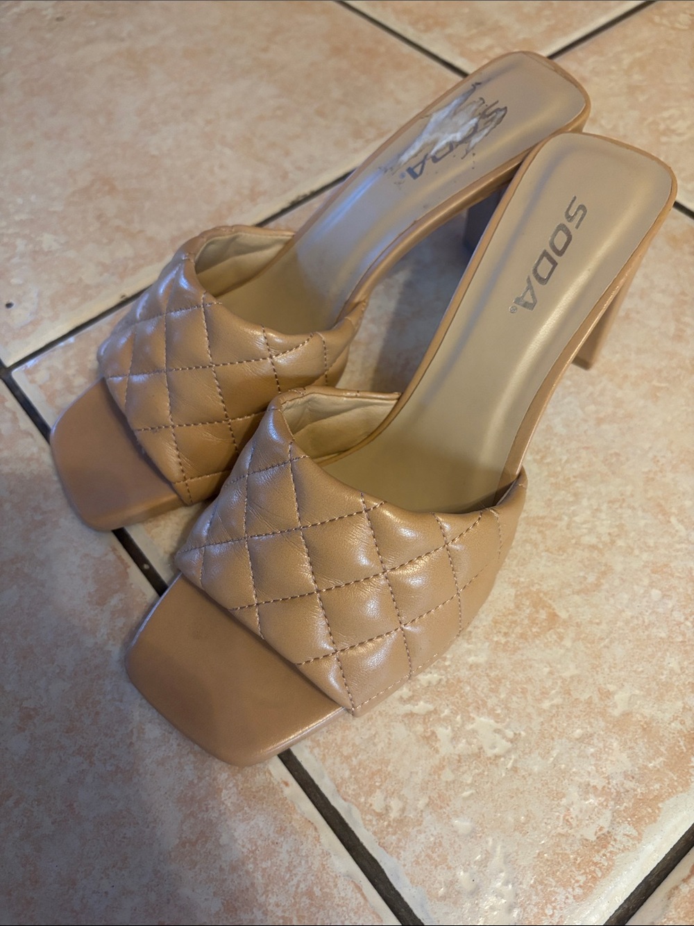 Soda Quilted Tan Square-Toe Mule Heels